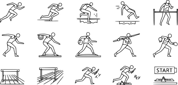 Minimalist icons depicting athletic track and field events in linear style
