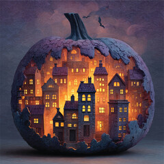 Fantasy Pumpkin Night City Vector