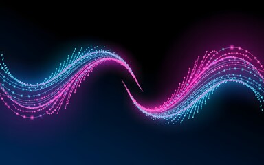 A digital art featuring two flowing, shimmering, neon light trails curving gracefully against a dark background. The neon trails display a vibrant gradient