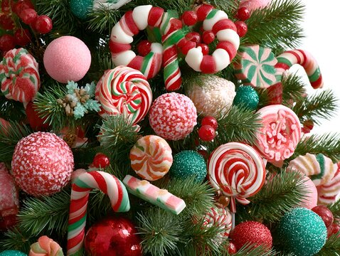 Sweet holiday cheer with colorful candy ornaments adorning a beautiful Christmas tree creating a festive scene. - Powered by Adobe