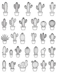 Collection of various cactus illustrations in simple line art style.  Each cactus is in a small pot