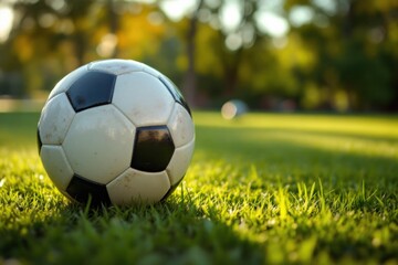 Fototapeta premium A close-up shot of a soccer ball on green grass with a bokeh background