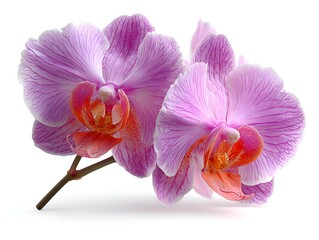 Obraz premium Two delicate pink orchid flowers with orange centers are isolated against a clean white background image today.