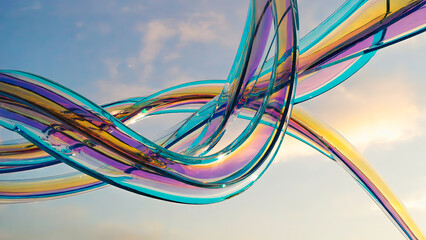 Abstract glass ribbon with iridescent gradient colors twisting against a bright sky. Modern energetic design backdrop for digital art.