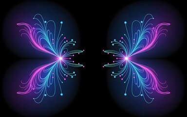 Abstract artistic illustration of a butterfly-like design with glowing neon lines on a black background, reflecting vibrant colors and intricate patterns.