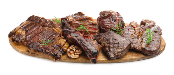 Pieces of tasty grilled beef with rosemary isolated on white