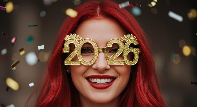 Woman wearing 2026 shaped glasses celebrating the New Year with joy and sparkle. Happy woman with 2026 New Year glasses posing for festive celebration visuals. Happy New Year 2026