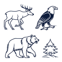 Outlined illustration of a deer, eagle, bear, and pine tree arranged on a white background surface