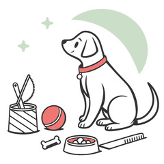 A cartoon dog sitting near a bowl, bone, ball, brush, and container under a green crescent and stars