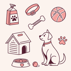 Illustration of a dog sitting next to a dog house with a ball and other dog related items around it