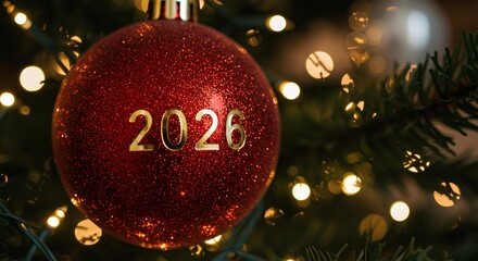 Red Christmas tree bauble with engraved 2026 year for holiday and New Year concepts. Closeup of Shiny Christmas ornament featuring engraved 2026 for festive decoration visuals