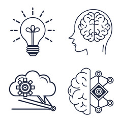 Illustration of a lightbulb, brain, cloud with gear, and half brain with tech connections showing ai 100