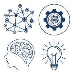 Illustration showing network connection gear brain and lightbulb representing innovation and technology