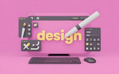 A creative workstation, the word design prominently displayed. The scene highlights digital art creation, concept, and interface