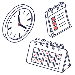 Isometric illustration of a clock and two calendars with checkmarks indicating completed tasks and events