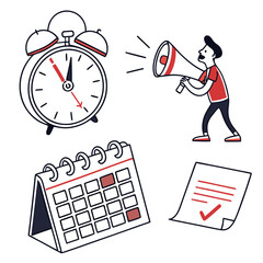 Illustration of an alarm clock, calendar, man with megaphone, and a document with a check mark