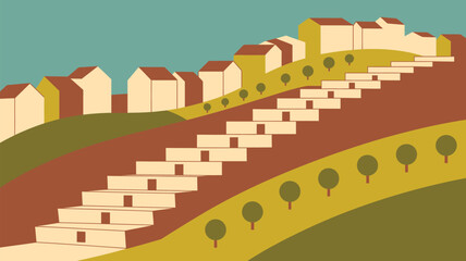 Stylized landscape with houses on hills and stairs leading up, under a blue sky, in a flat design style