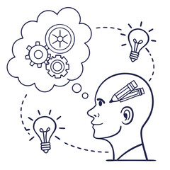 Head profile with pencils, light bulbs, and gears in a thought bubble representing creative problem solving