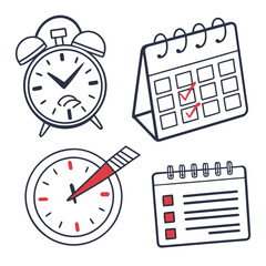 Illustration of an alarm clock a calendar a clock with a red hand and a to do list on a white background