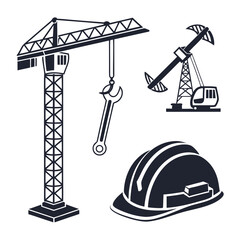 Illustration of a construction crane with a wrench hanging next to an oil pump and a hard hat icon