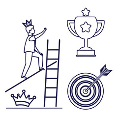 Illustration of a man with a crown climbing a ladder towards a trophy and a target with an arrow
