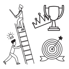 Illustration showing a man climbing a ladder with a sword, a crown, a trophy, and a target design