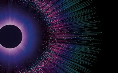 Abstract glowing circle with light rays and particles emanating outward in a dark background