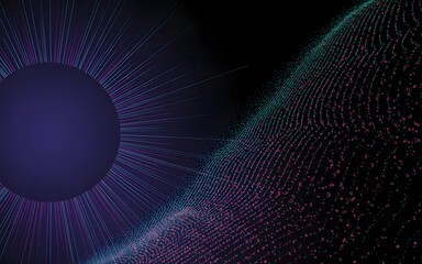 Abstract cosmic artwork featuring a radiant purple sun with beams and a swirling blue and green planet with a dark background