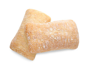 Two tasty fresh ciabattas isolated on white, above view