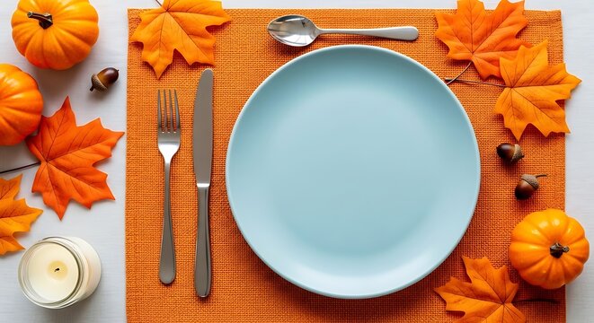 Autumn table setting with pumpkins maple leaves and festive dinnerware