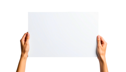 A person's hands holding up a blank white horizontal sheet of paper, ready for a message or mockup, isolated on a white background