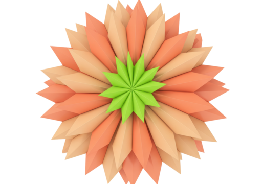 Isolated origami flower with pointed petals in peach, orange and green color tones artful design