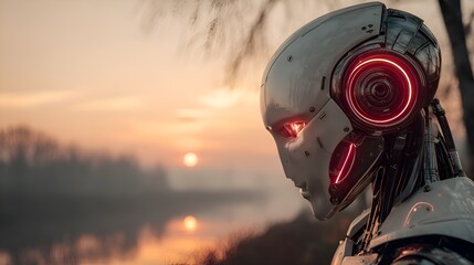 Fototapeta premium A futuristic humanoid robot contemplates a serene sunset reflecting on water in a natural outdoor setting.