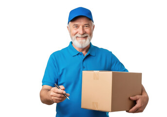 Smiling courier man holding package and pen ready for delivery service isolated on transparent background