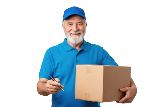Smiling courier man holding package and pen ready for delivery service isolated on transparent background