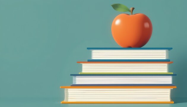 Bright orange apple rests atop a stack of colorful, open books symbolizing knowledge and learning in a clean, modern studio setting.