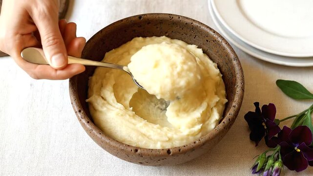 Creamy mashed potatoes being served with a spoon from a rustic bowl.