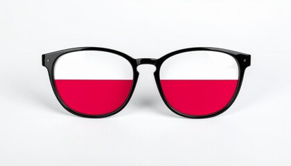 Black-framed sunglasses with lenses styled as Polish flag—white over red—set against neutral background, blending fashion with national symbolism and playful identity.