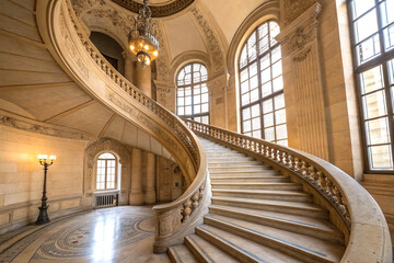 Elegant spiral staircase in beige stone within historic architecture