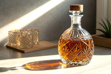 Elegant glass decanter filled with amber liquid and cork stopper reflections