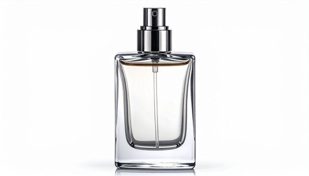 Clear glass perfume bottle with metallic spray nozzle and light-colored liquid&mdash;symbolizing elegance, minimalism, and modern personal care design.