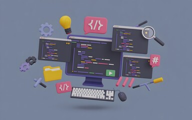An illustrative representation of a modern coding environment. Features a computer monitor, code snippets, and various development tools