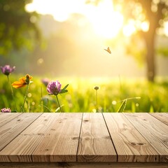 Rustic wooden table in a vibrant spring meadow. Sunlight filters through trees, illuminating a field of wildflowers and grass. A butterfly flits through the air