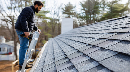 Roofer conducting final inspection on newly completed roof. A proud contractor stands on a ladder near the roof edge, visually checking alignment and cleanliness after installation
