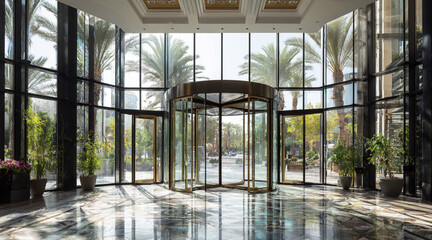 large revolving glass door at 5 star hotel, sunny day, beautiful lighting.