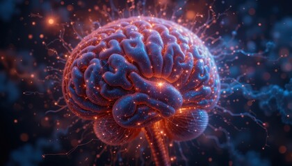 Vibrant human brain illuminated with glowing neural connections, symbolizing intelligence, innovation, and complex thought processes.