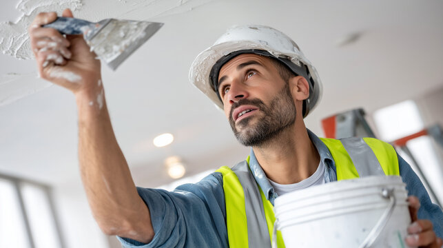 Ceiling plaster repair with trowel and bucket. A construction professional spreads white plaster on a ceiling using a stainless-steel trowel, balancing on a short scaffold. The buc