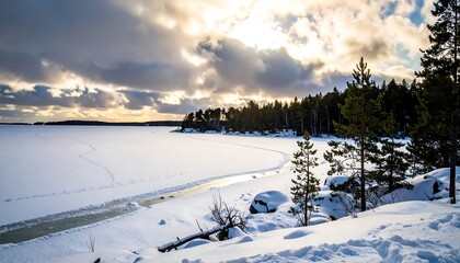 Frozen lake shore at sunset.  Winter wonderland