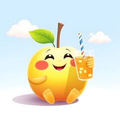 Naklejka premium Sugar Apple with Iced Tea Cartoon