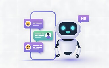 A cute robot communicating through a smartphone with message bubbles